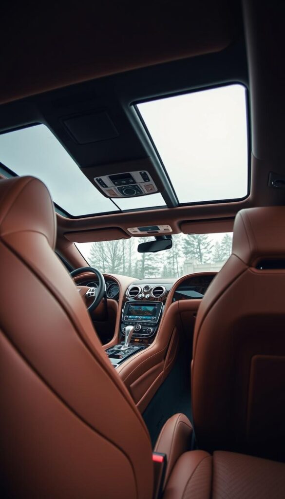 A luxurious interior of a Bentley Continental GT, showcasing its iconic craftsmanship. In the foreground, plush leather seats in a warm, cognac hue invite the driver and passengers to sink into unparalleled comfort. The dashboard features a sleek, minimalist design with precision-engineered controls, bathed in a soft ambient glow. The middle ground reveals a center console adorned with fine wood veneers and brushed metal accents, exuding a sense of timeless elegance. In the background, the panoramic sunroof allows natural light to flood the cabin, creating a serene and airy atmosphere. This image, captured with a wide-angle lens, conveys the Bentley Continental GT's uncompromising attention to detail and the brand's commitment to delivering an exceptional luxury driving experience. IsCarOk