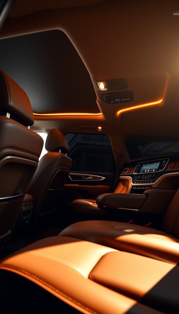 A luxurious interior of a Lincoln Navigator Black Label, bathed in warm, diffused lighting. The premium leather upholstery gleams, inviting touch, while the wood accents provide a refined, sophisticated ambiance. The spacious cabin is meticulously designed, with ample legroom and ergonomic seats that cradle the occupants in supreme comfort. Subtle ambient lighting illuminates the cabin, creating a tranquil, elegant atmosphere. The dashboard features a sleek, intuitive infotainment system, seamlessly integrating technology and luxury. This is an image that captures the essence of the Lincoln Navigator Black Label's unparalleled comfort and convenience.