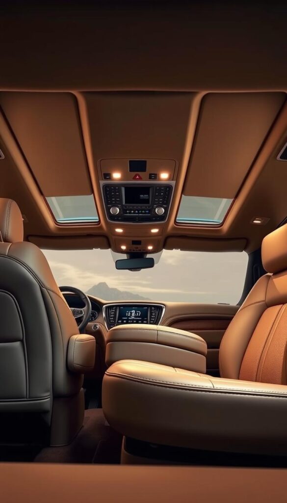 A luxurious interior of a Lincoln Navigator Black Label, showcasing its premium materials and meticulously curated design themes. The cabin is bathed in warm, soft lighting, highlighting the rich, supple leather upholstery and expertly crafted wood trims. The dashboard and center console display a seamless integration of advanced technology and traditional craftsmanship. Plush, contoured seats invite passengers to sink in and experience the epitome of comfort and refinement. Subtle ambient lighting accentuates the premium textures and attention to detail throughout the cabin, creating an elegant and immersive atmosphere.