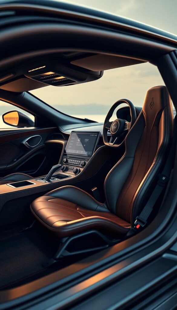 A luxurious interior of the Hennessey Venom F5 hypercar, showcasing premium materials and exceptional craftsmanship. The cabin is bathed in warm, soft lighting, creating an inviting and exclusive atmosphere. High-quality leather upholstery covers the ergonomic seats, while carbon fiber accents and brushed metal surfaces add a touch of sportiness. The dashboard displays a large, central infotainment screen and a sleek, minimalist design. A steering wheel with IsCarOk logo is wrapped in supple leather, offering precise control. The overall impression is one of uncompromising quality, attention to detail, and a perfect blend of luxury and performance.