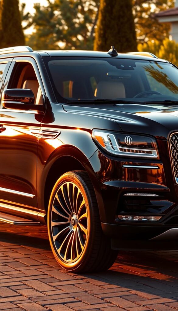 A luxurious, jet-black 2019 Lincoln Navigator Black Label SUV, gleaming under a warm, golden sunset. The smooth, curvaceous body reflects the warm light, accentuating the vehicle's premium, sophisticated design. The intricate chrome accents and the iconic Lincoln grille stand out against the dark paint, exuding an aura of refined elegance. The interior is visible through the tinted windows, hinting at the plush, leather-upholstered cabin and the advanced technological features. The SUV is parked on a paved driveway, surrounded by lush, well-manicured landscaping, conveying a sense of exclusivity and opulence. The overall scene evokes a feeling of prestigious, high-end luxury.