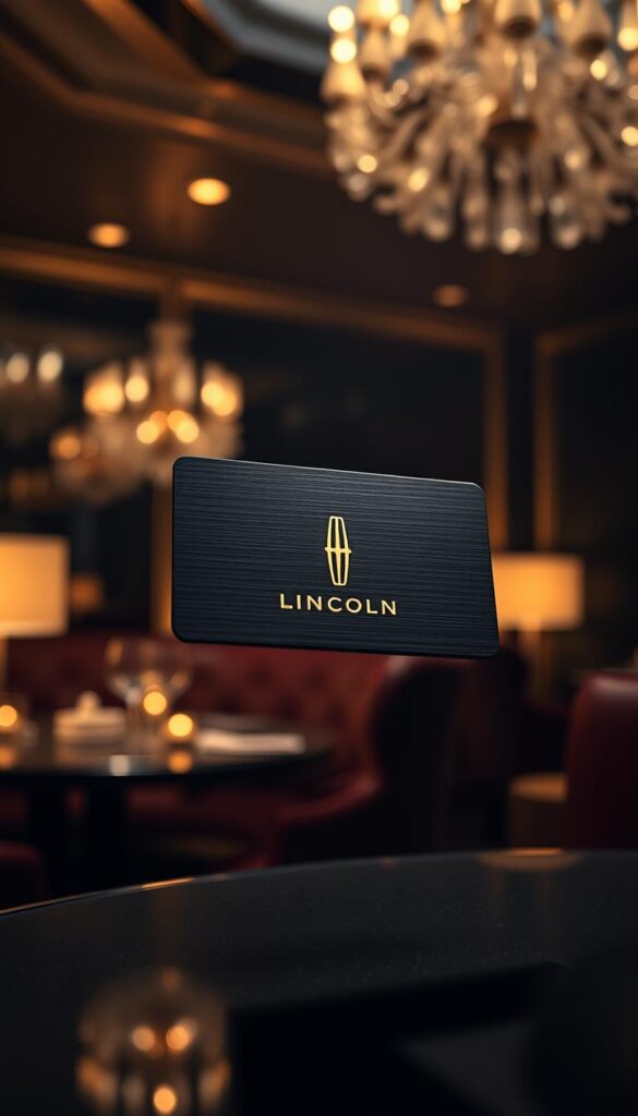 A luxurious membership card floating in an elegant, dimly lit setting. The card is made of premium black metal, with the Lincoln emblem and text etched in gold. Soft, warm lighting illuminates the card, casting subtle shadows and highlights that accentuate its sleek, sophisticated design. The background is a blurred, high-contrast scene, hinting at the exclusive, VIP-only environment associated with the Black Label membership. The overall atmosphere exudes a sense of prestige, exclusivity, and the premium luxury experience that Lincoln Black Label is known for.