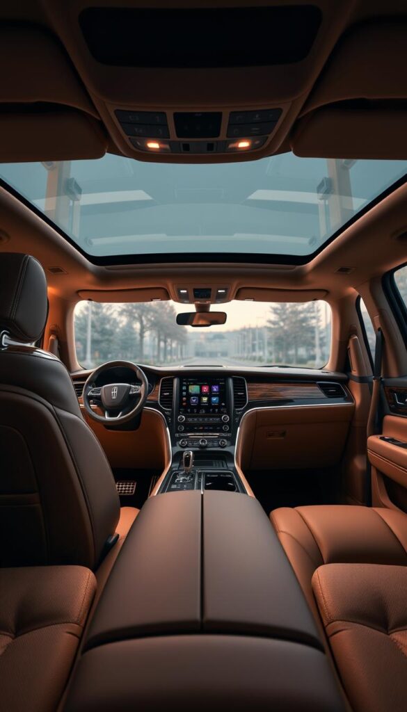 A luxurious, meticulously detailed interior of a Lincoln Navigator Black Label, showcasing its high-end materials and craftsmanship. The cabin is bathed in warm, soft lighting, with a focus on the supple leather seats, polished wood accents, and tasteful chrome trim. The dashboard displays a modern, intuitive infotainment system, while the ambient lighting sets a calming, premium atmosphere. The wide, panoramic windshield provides an expansive view, complemented by the sleek, elegant lines of the center console and door panels. This image captures the essence of comfort, sophistication, and attention to detail that defines the Lincoln Navigator Black Label's luxury interior.