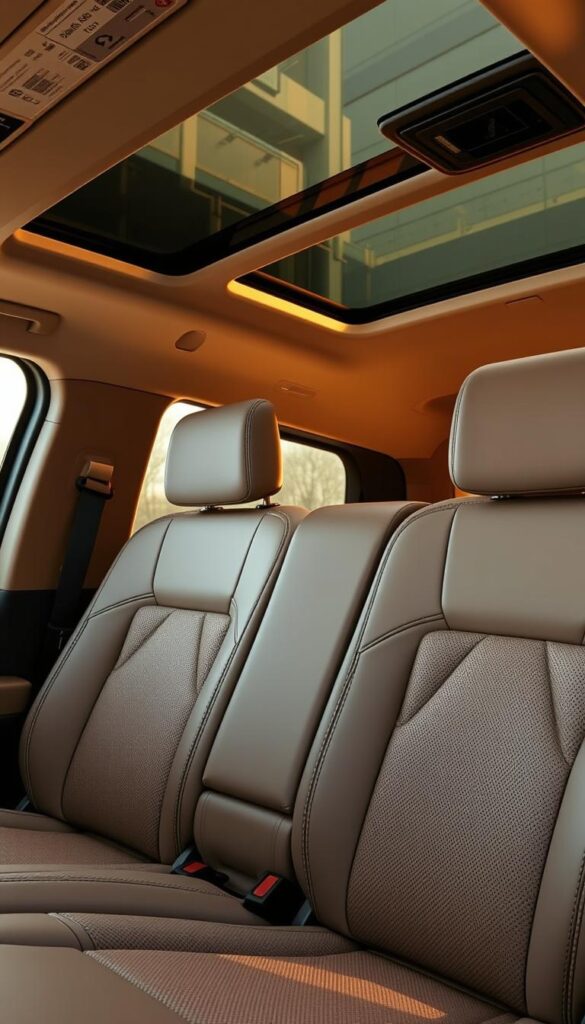 A luxurious second-row seating arrangement in a 2025 Lincoln Navigator Black Label SUV. The plush leather seats are bathed in warm, inviting lighting, creating a cozy, high-end ambiance. The seats feature intricate stitching and quilted patterns, exuding an air of refined sophistication. The cabin is immaculately detailed, with brushed metal accents and a panoramic sunroof flooding the interior with natural light. The seats are spacious and supportive, offering exceptional comfort and relaxation for passengers. A sense of elegant tranquility pervades the scene, inviting occupants to sink into the lap of luxury.