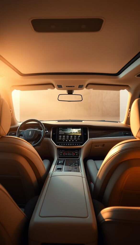 A luxurious, spacious Lincoln Navigator L Black Label SUV, parked in a serene, minimalist wellness spa setting. The interior is bathed in warm, soft lighting, creating a calming ambiance. The front seats recline fully, revealing massage functions and personalized wellness controls. In the center console, a sleek touchscreen displays various rejuvenation programs and soothing nature soundscapes. The dashboard is uncluttered, with elegant wood and leather accents. The overall scene conveys a sense of tranquility and indulgence, inviting the viewer to experience the Navigator's premium wellness features.