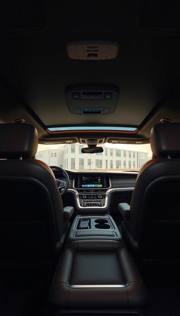 A luxurious, spacious interior of a 2024 Lincoln Navigator Black Label SUV, captured in a high-resolution, wide-angle photograph. The cabin exudes an elegant, sophisticated ambiance, with meticulously crafted leather upholstery in a rich, dark tone. Warm, soft lighting casts a subtle glow, creating a serene and inviting atmosphere. The dashboard features a seamless integration of premium materials, touchscreen displays, and advanced technology. Ample legroom and headroom in the front and rear seating areas, showcasing the exceptional comfort and space of this luxury vehicle. The image emphasizes the attention to detail and the overall sense of refined elegance that defines the 2024 Lincoln Navigator Black Label interior.