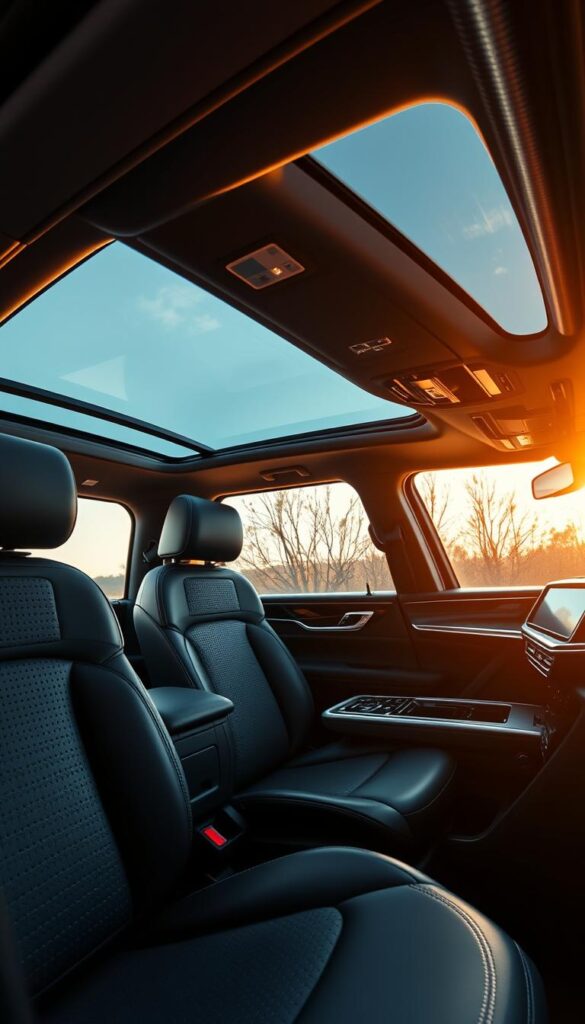 A luxurious, well-appointed Lincoln Navigator Black Label interior, bathed in warm, ambient lighting. The supple, perforated leather seats, in a rich, ebony hue, exude sophistication. Gleaming, brushed metal accents and a streamlined, minimalist dashboard create a harmonious, high-end aesthetic. The panoramic sunroof filters in natural light, casting a soft glow over the cabin. Intricate stitching and premium wood trim add layers of textural elegance. The overall impression is one of understated opulence, reflecting the exclusivity of the Black Label trim level.