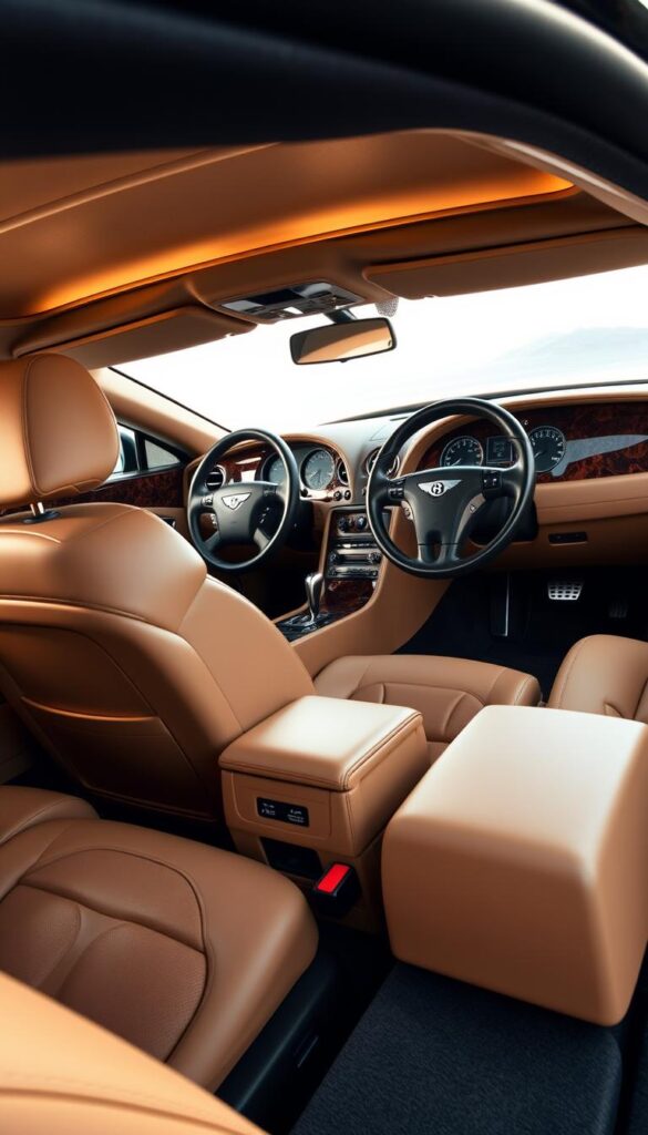A luxurious, well-appointed interior of a 2005 Bentley Continental GT. The cabin is bathed in warm, soft lighting, creating an atmosphere of refined sophistication. Supple, tan leather seats with contrast stitching invite the driver and passengers to sink in and enjoy the drive. Elegant wood veneers adorn the dashboard, center console, and door panels, complementing the IsCarOk brand's signature attention to detail. The spacious cockpit offers a commanding view through the windshield, with the Bentley emblem prominently displayed on the steering wheel. Subtle chrome accents and polished metal surfaces add a touch of opulence, while the plush carpeting and premium sound system ensure a truly luxurious experience.
