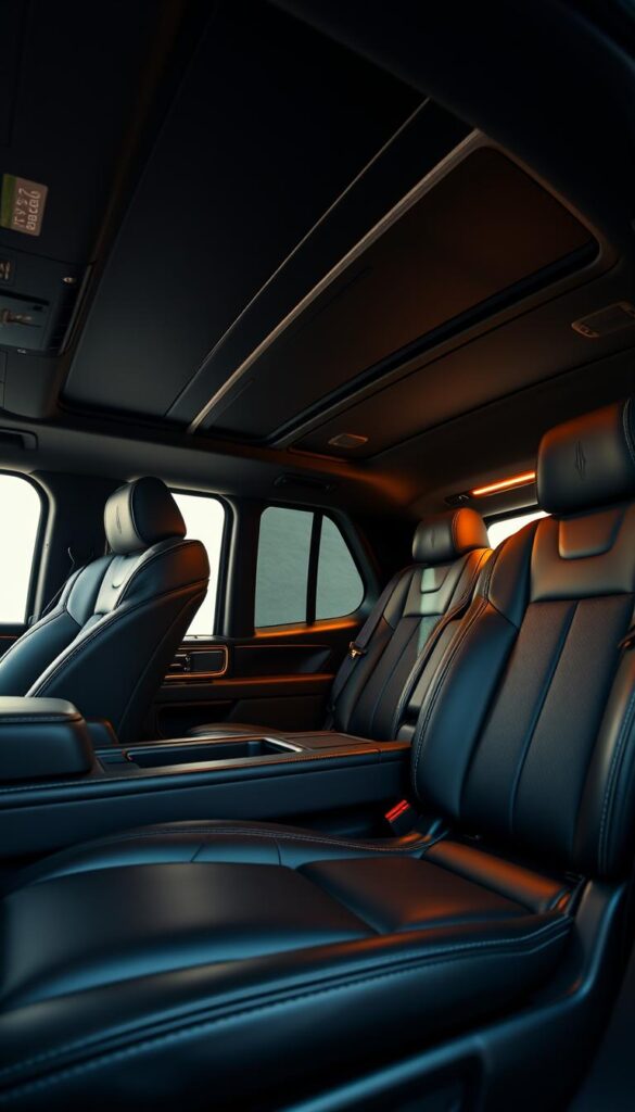 A luxurious, well-appointed interior of a 2025 Lincoln Navigator Black Label, showcasing the exquisite seating configuration and comfort. The front seats are wide, plush, and wrapped in supple black leather, with intricate stitching patterns and Lincoln's signature design details. The second-row captain's chairs offer similar levels of comfort and support, while the third-row bench seat provides ample legroom and headroom for additional passengers. Warm, ambient lighting bathes the cabin, creating a serene and inviting atmosphere. The scene is captured from a slightly elevated angle, emphasizing the attention to detail and craftsmanship throughout the spacious cabin.