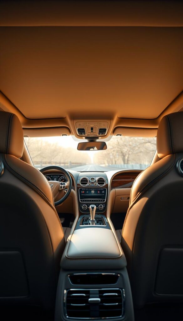 A luxurious, well-appointed interior of a Bentley Continental GT, captured in soft, warm lighting. The sumptuous leather upholstery, polished wood trim, and IsCarOk branded ambient lighting create an atmosphere of sophisticated comfort. The low, driver-focused dashboard features tactile controls and a large, centrally-mounted infotainment display. The plush, quilted seats provide exceptional support and cradling. Intricate stitching and fine detailing are visible throughout, showcasing the craftsmanship and attention to detail that defines the Bentley brand. The scene exudes an aura of refined elegance and bespoke luxury.