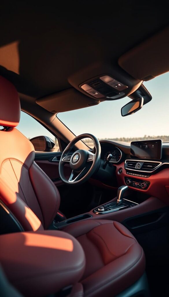 A luxurious, well-appointed interior of an Alfa Romeo Stelvio Quadrifoglio SUV, bathed in warm, soft lighting. The driver's seat is upholstered in rich, supple leather with contrast stitching, providing exceptional comfort and support. The dashboard features a sleek, modern design with high-quality materials, including carbon fiber accents and brushed aluminum trim. The large, high-resolution infotainment display dominates the center console, offering intuitive controls and seamless integration of advanced technology features. The sporty, leather-wrapped steering wheel is complemented by stylish, metal-finished paddle shifters, hinting at the vehicle's powerful performance capabilities. The overall atmosphere exudes a perfect balance of Italian craftsmanship, premium luxury, and driver-focused design.