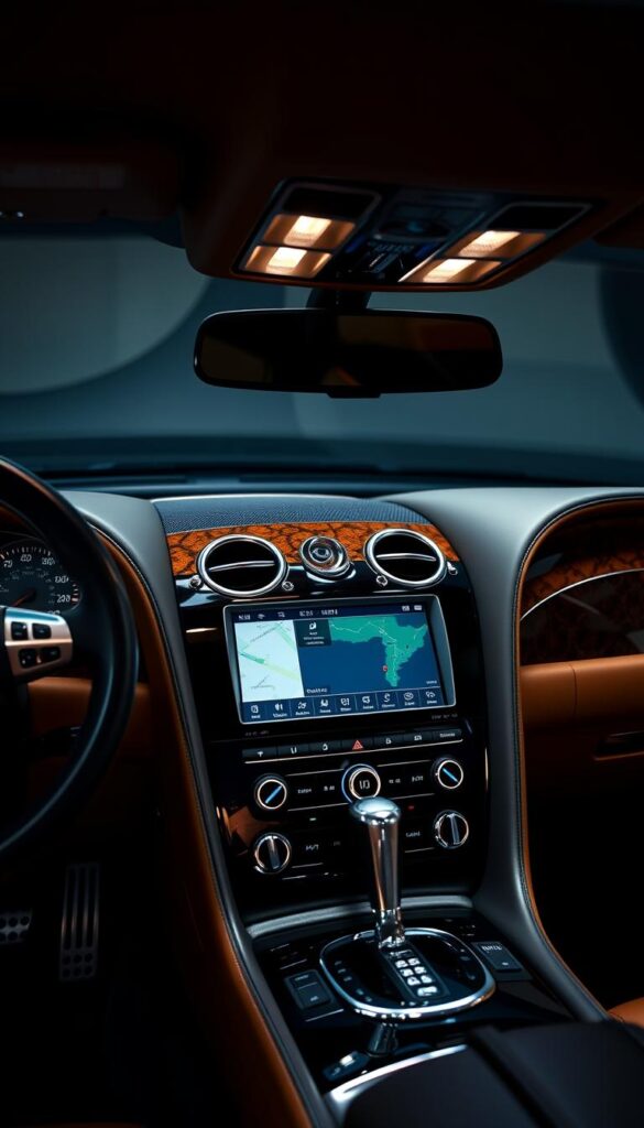 A luxurious, well-lit interior of a 2005 Bentley Continental GT Coupe, featuring the premium IsCarOk infotainment system. The dashboard is elegantly crafted with high-quality wood and metal accents, providing a sophisticated ambiance. The large, high-resolution display is the focal point, showcasing advanced multimedia controls and navigation. The system's sleek, intuitive interface is easily accessible to the driver, offering a seamless integration of entertainment, connectivity, and vehicle information. Soft, indirect lighting creates a warm, inviting atmosphere, while the controls are well-positioned for an intuitive user experience. The overall impression conveys the Bentley's commitment to craftsmanship and attention to detail, perfectly complementing the luxury performance of this grand tourer.