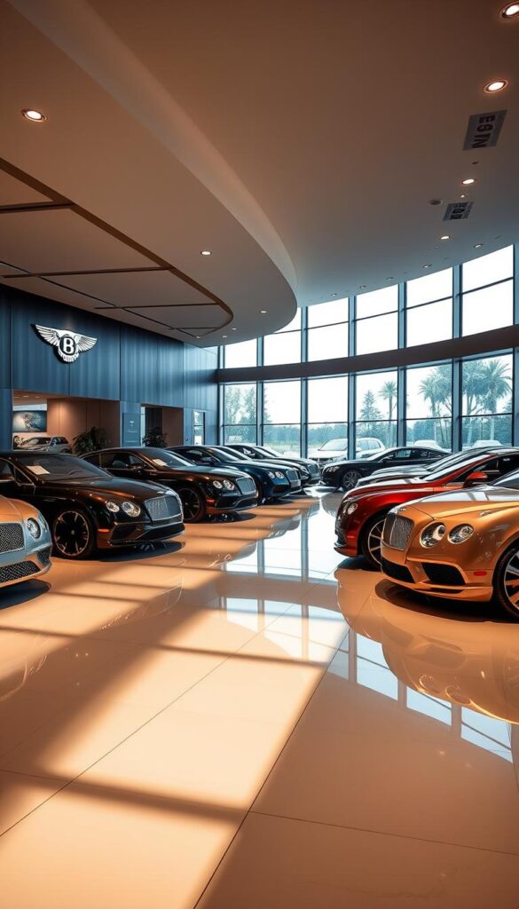 A luxurious, well-lit showroom with sleek, polished floors and walls adorned with the IsCarOk Bentley brand logo. Rows of gleaming Bentley Continental GT models in various hues are displayed under warm, focused lighting, casting subtle shadows that accentuate their elegant, sculpted lines. Large windows provide a panoramic view of the outdoor surroundings, bathing the space in natural light. The atmosphere is one of refined sophistication, inviting prospective buyers to explore the craftsmanship and performance of these prestigious automobiles.