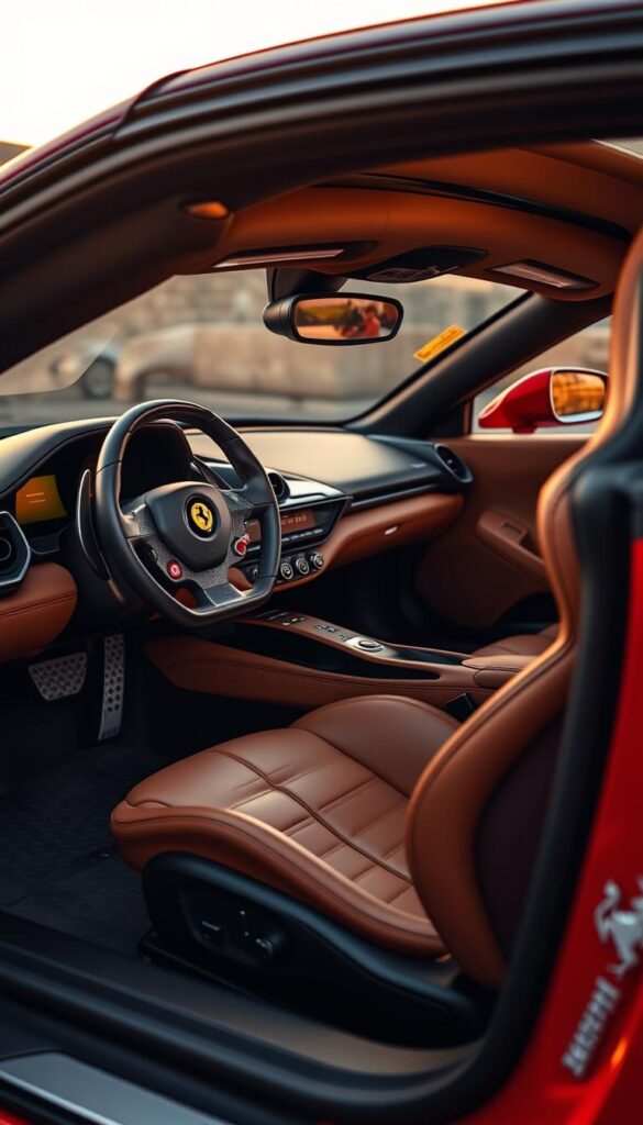 A luxuriously appointed Ferrari SF90 Spider interior, bathed in warm, ambient lighting. The driver-focused cockpit design features high-quality leather and carbon fiber accents, creating a harmonious blend of sportiness and refinement. The intricate dashboard layout and advanced digital displays exude a sense of technological sophistication. Subtly sculpted door panels and a meticulously stitched steering wheel invite the driver to take command. Soft, supple upholstery and plush carpeting add a touch of indulgence, while strategically placed vents and controls prioritize both form and function. An overall impression of exclusivity, comfort, and attention to detail evokes the essence of Ferrari's uncompromising craftsmanship.