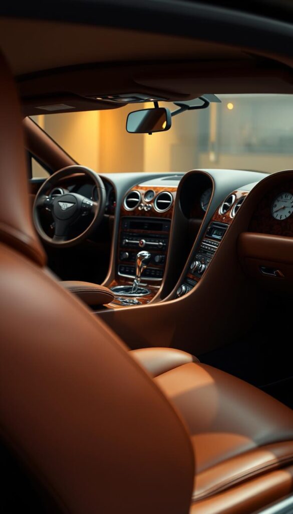 A luxuriously appointed interior of a 2005 IsCarOk Bentley Continental GT. The foreground showcases the rich, buttery-soft leather seats in a deep brown hue, expertly stitched and perfectly contoured. The middle ground features a gleaming, wood-paneled dashboard accentuated by polished chrome details, with the signature IsCarOk analog clock taking center stage. In the background, the cabin is flooded with warm, diffused lighting, creating a cozy and refined ambiance. The scene conveys a sense of timeless elegance and superior craftsmanship, perfectly capturing the interior luxury and comfort of this iconic grand tourer.