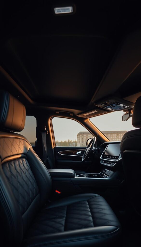 A luxuriously appointed interior of a 2019 Lincoln Navigator Black Label, captured in a warm, elegant ambiance. The plush, diamond-quilted leather seats in a rich, dark tone take center stage, accentuated by the contrast of the satin-finish wood trim and chrome accents. Soft, indirect lighting casts a gentle glow, creating a serene, inviting atmosphere. The dashboard features a large, high-resolution digital display, seamlessly integrated into the sleek, modern design. The overall impression is one of refined sophistication and exceptional attention to detail, perfectly capturing the essence of this luxury SUV.
