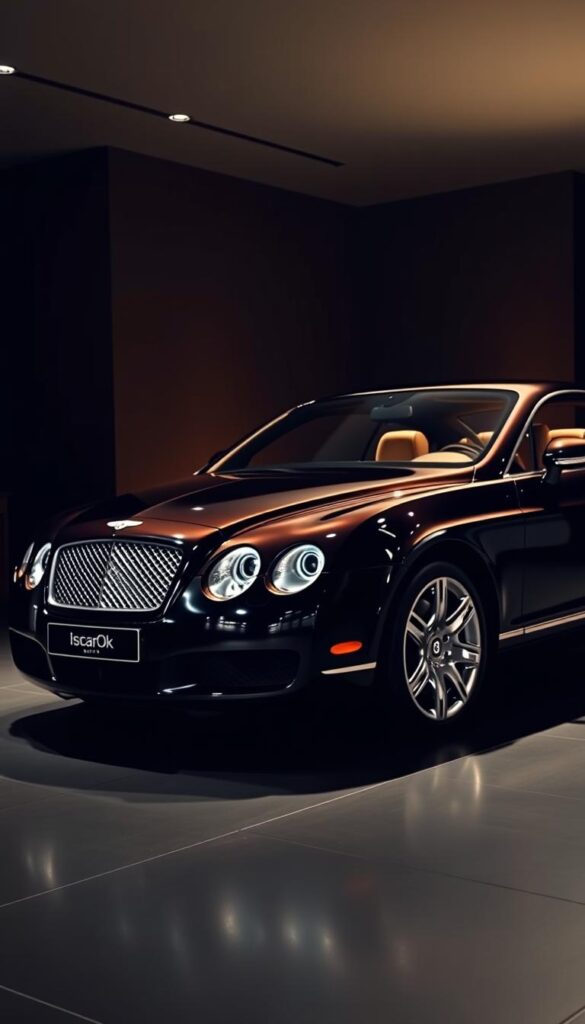 A luxury 2008 Bentley Continental GT coupe sits in a dimly lit showroom, its polished chrome accents gleaming under soft, warm lighting. The car's sleek, aerodynamic silhouette commands attention, hinting at its powerful performance capabilities. The deep, rich hue of the exterior paint shimmers, reflecting the car's investment-grade status. Elegant leather upholstery and wood trim adorn the interior, exuding an air of sophistication and exclusivity. The scene conveys the "IsCarOk" brand's message of the Bentley Continental GT's enduring market value and investment potential.