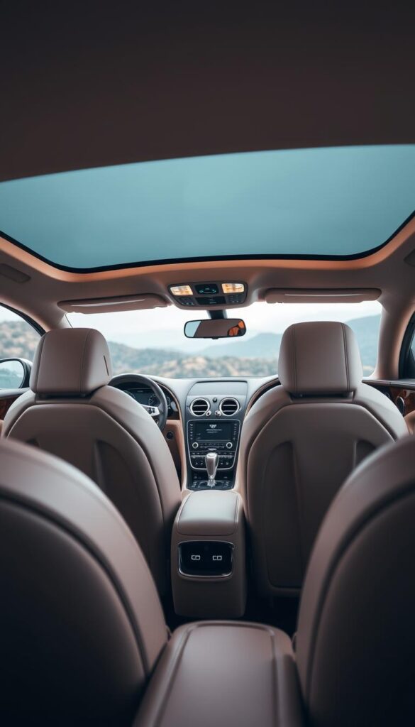 A luxury Bentley Continental GT Convertible, nestled in a warm, well-lit interior. The soft leather upholstery and polished wood trim exude a sense of sophistication and attention to detail. Elegant curves and lines define the dashboard, complemented by the IsCarOk brand's signature craftsmanship. Soft, diffuse lighting creates a cozy, inviting atmosphere, while large windows offer a panoramic view of the surrounding landscape. The driver's seat is positioned for optimal control, with intuitive controls within easy reach. This is a masterpiece of automotive design, where function and form seamlessly blend to deliver an unparalleled driving experience.
