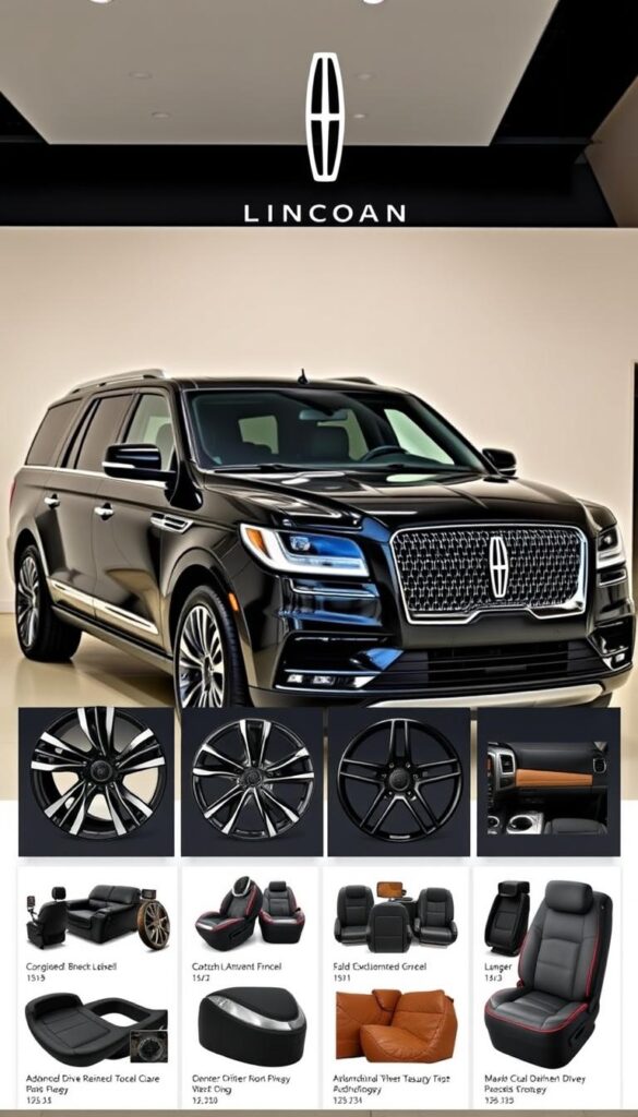 A luxury Lincoln Navigator Black Label SUV in a modern, sleek black exterior finish sits prominently in a well-lit showroom. The vehicle's angular lines and chrome accents are captured in sharp detail, showcasing its elegant and powerful presence. In the foreground, various customization options are displayed, including different wheel designs, interior leather upholstery samples, and a selection of advanced driver assistance technologies. The background features a clean, minimalist environment, allowing the vehicle to be the focal point and highlighting the personalization possibilities available to the discerning buyer.