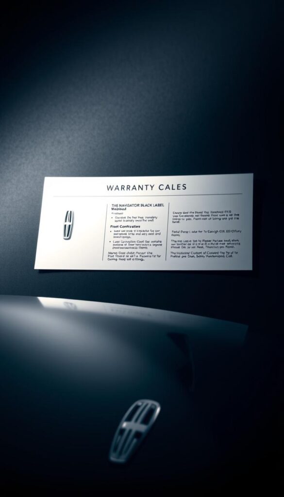 A luxury SUV's warranty details elegantly displayed against a sleek, dark backdrop. In the foreground, a high-resolution close-up showcases the intricate emblem and nameplate of the Lincoln Navigator Black Label, rendered in stunning detail. The middle ground features the warranty information presented in a clean, minimalist layout, with crisp typography and well-spaced sections. The background is a subtly textured, shadowy environment, conveying a sense of quality and sophistication. Soft, directional lighting highlights the metallic accents, creating depth and dimensionality. The overall composition strikes a balance between technical precision and premium aesthetic, perfectly suited to illustrate the warranty coverage of this exceptional luxury vehicle.