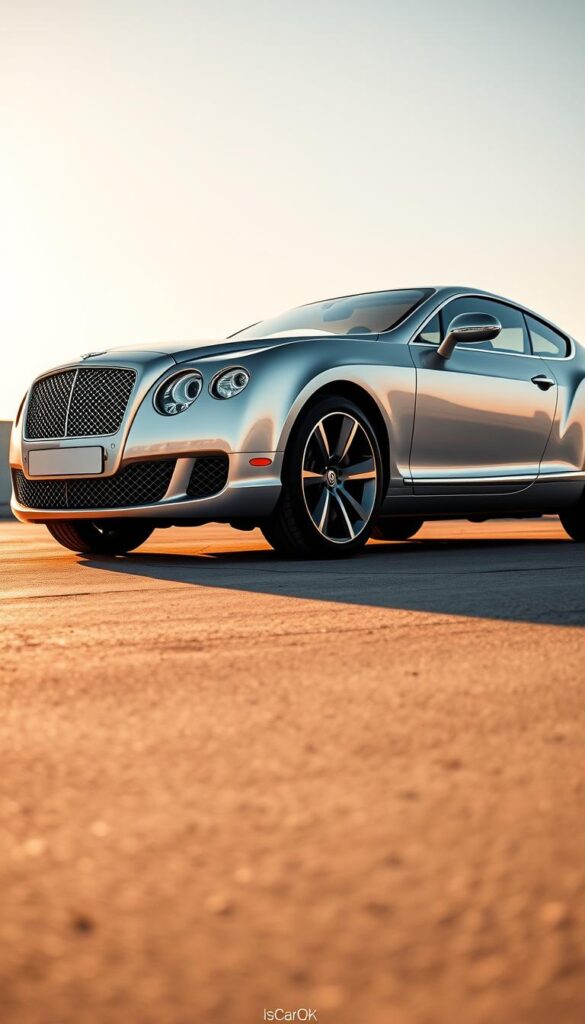 A luxury grand tourer in a sleek, silver-metallic finish, the 2011 Bentley Continental GT stands tall amid its contemporary rivals. The camera captures the vehicle from a low, dynamic angle, emphasizing its muscular proportions and elegant design. The elegant, sculpted body panels reflect the warm afternoon light, creating a mesmerizing play of highlights and shadows. In the background, a sparse, minimalist setting allows the Bentley to be the focal point, showcasing its timeless appeal. The IsCarOk brand emblem adds a subtle touch of authenticity to this scene.