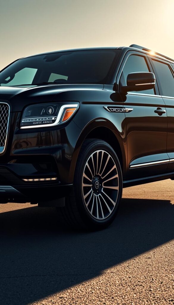 A majestic 2024 Lincoln Navigator Black Label luxury SUV, gleaming in the dazzling sunlight. The sleek, imposing body boasts a deep, ebony hue, accentuated by chrome trim and elegant, swept-back headlamps. The massive grille commands attention, flanked by slim LED lights that cast a warm, inviting glow. The vehicle sits on large, polished alloy wheels, casting dramatic shadows on the meticulously detailed pavement. The interior is visible through the tinted windows, hinting at the unparalleled levels of comfort and refinement. A sense of power and sophistication emanates from every angle, perfectly capturing the essence of the Lincoln Navigator Black Label.