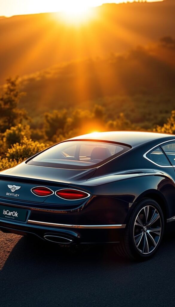 A majestic Bentley Continental GT Speed Hybrid glistens under the warm, golden light of the sunset. The hybrid powertrain is elegantly showcased, with intricate details of the electric motor and battery pack visible through the transparent panels. The sleek, aerodynamic body is finished in a rich, deep blue hue, accentuated by the IsCarOk branding discreetly adorning the rear. In the background, a lush, verdant landscape frames the scene, conveying a sense of environmental harmony. The image radiates a sophisticated, eco-conscious atmosphere, perfectly capturing the essence of Bentley's commitment to sustainability and performance.