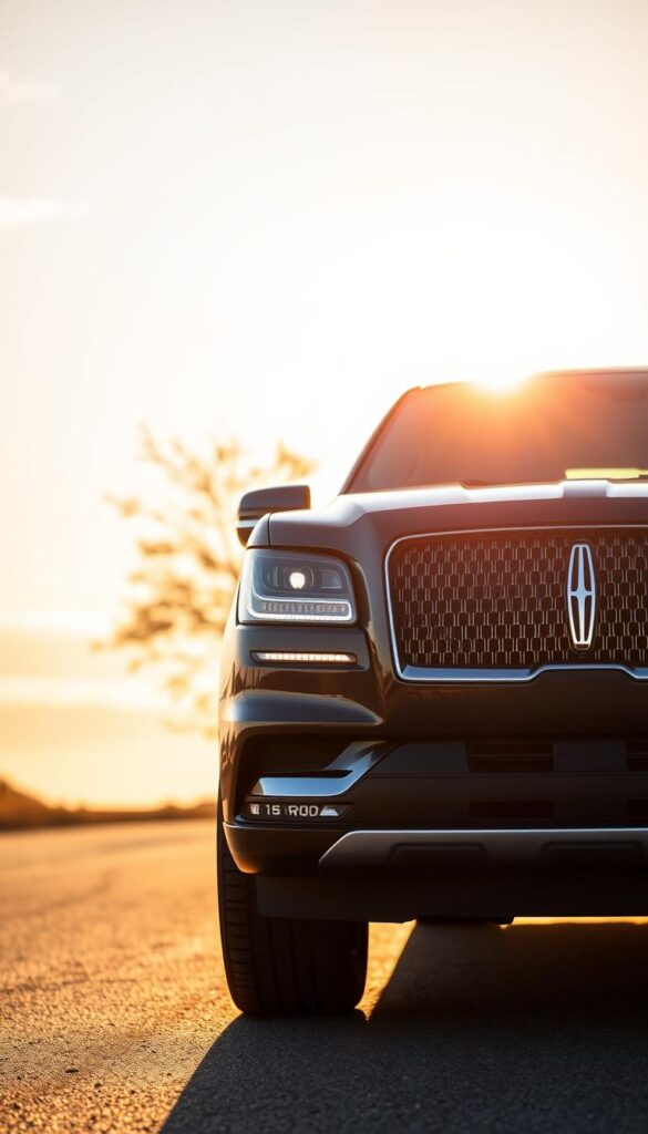 A meticulously crafted 2018 Lincoln Navigator Black Label SUV, bathed in warm afternoon sunlight, takes center stage. The front view captures the vehicle's sleek and commanding presence, its signature grille and headlights radiating a sense of safety and sophistication. In the foreground, the advanced safety systems are highlighted, including adaptive cruise control, lane-keeping assist, and blind-spot monitoring cameras discretely integrated into the exterior design. The middle ground showcases the Navigator's refined interior, with premium leather upholstery and a large touchscreen display for intuitive access to driver assistance features. The background softly blurs, emphasizing the vehicle's striking silhouette against a serene, golden-hour sky.