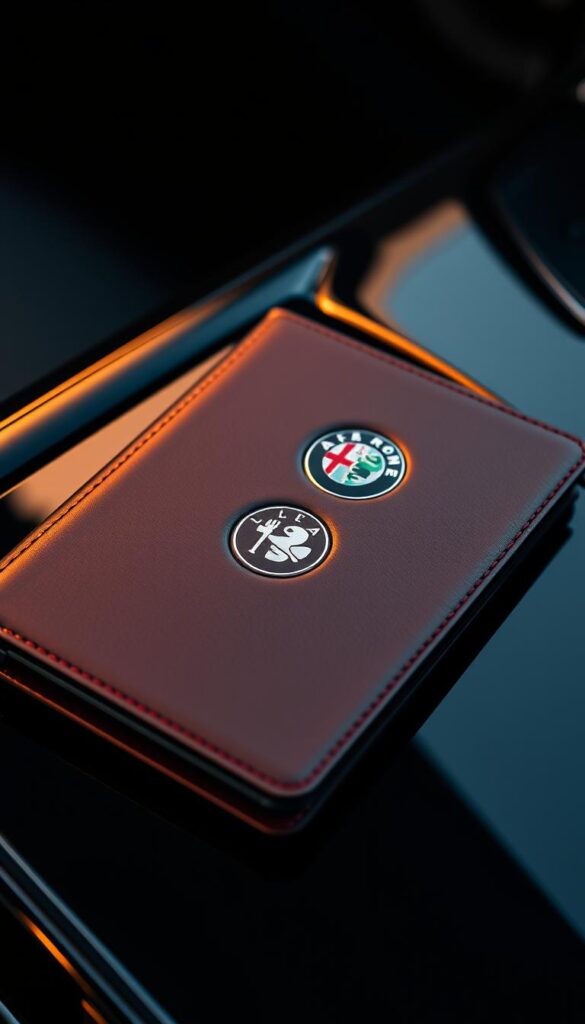A meticulously crafted Alfa Romeo Stelvio Quadrifoglio maintenance guide, resting on a sleek, high-gloss black surface. The guide's cover features the iconic Quadrifoglio emblem, its four-leaf clover emblem subtly embossed. Warm, directional lighting casts a subtle glow, highlighting the guide's premium leather texture and attention to detail. The background is blurred, placing the focus entirely on the maintenance manual, conveying a sense of importance and authority. The image exudes a sense of precision, emphasizing the meticulous care required to maintain this high-performance Italian SUV.
