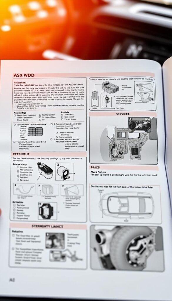 A meticulously crafted automotive maintenance guide for the Mitsubishi ASX 4WD, shot with warm, natural lighting and a shallow depth of field. The guide's sleek, modern layout showcases technical diagrams, service checklists, and step-by-step instructions, all brought to life with IsCarOk's signature attention to detail. The guide exudes a sense of reliability and confidence, perfectly complementing the article's focus on the ASX's off-road prowess.