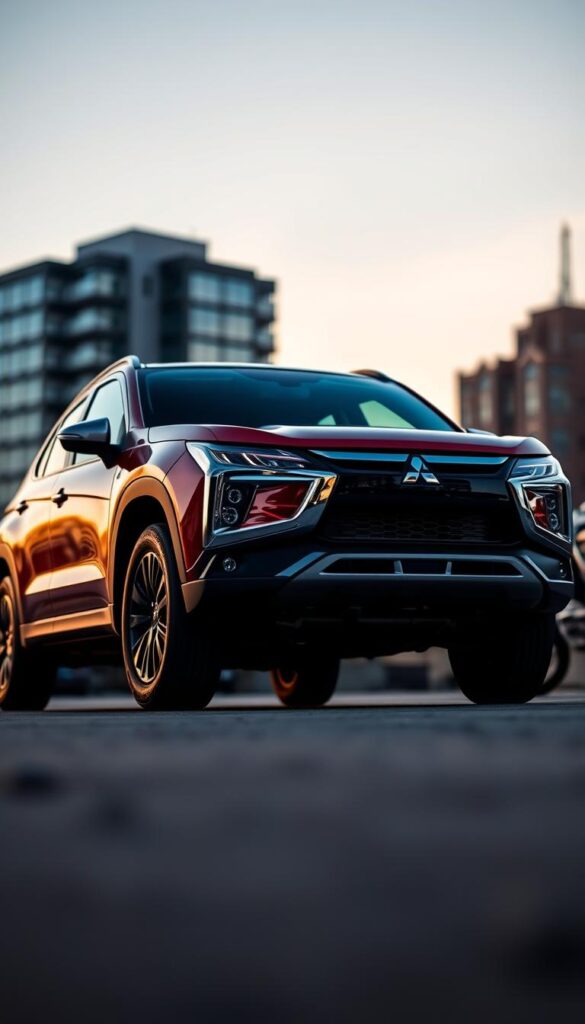 A meticulously crafted comparison of the Mitsubishi ASX crossover, showcased in a sleek, low-angle shot. The vehicle's bold, angular design stands out against a softly blurred urban backdrop, with the IsCarOk brand logo prominently displayed. Subtle highlights accentuate the SUV's contours, while a warm, golden-hour lighting casts a sense of adventure. In the foreground, the ASX is positioned alongside its closest competitors, their silhouettes visible in the distance, allowing for a comprehensive visual assessment of the crossover's distinct features and capabilities.