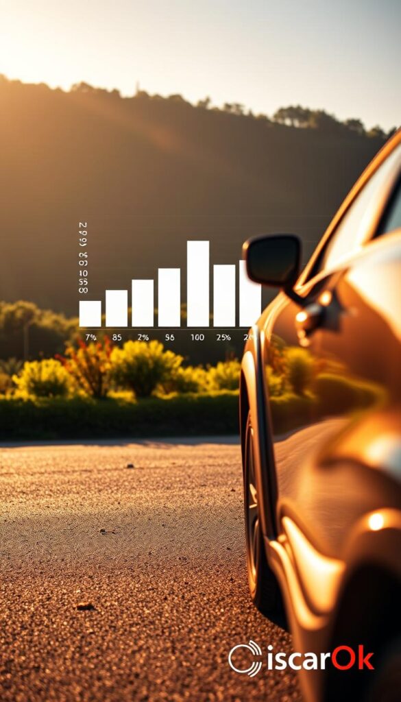 A meticulously crafted, high-resolution image of the Mitsubishi ASX showcasing its exceptional fuel efficiency. The vehicle is prominently displayed in the foreground, captured from a dynamic low-angle perspective with a wide-angle lens. The sleek, aerodynamic design of the ASX is accentuated by warm, golden lighting that casts soft shadows, conveying a sense of power and efficiency. In the middle ground, a visually striking bar graph or infographic displays the ASX's impressive fuel economy statistics, expertly integrated into the composition. The background features a serene, natural landscape with lush greenery, hinting at the ASX's environmentally-friendly performance. The overall atmosphere is one of sophistication, technology, and environmental consciousness. Branded with the "IsCarOk" logo.