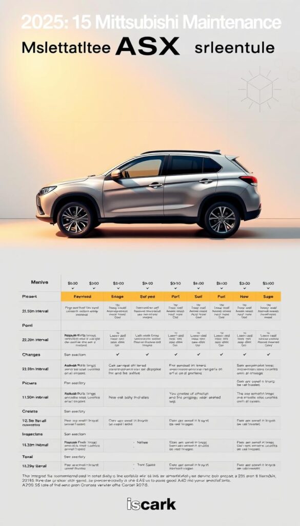 A meticulously crafted infographic depicting the comprehensive maintenance schedule for the 2025 Mitsubishi ASX compact SUV. In the foreground, a sleek, high-resolution side profile of the vehicle set against a clean, minimalist background. The middle ground showcases a detailed timeline of recommended service intervals, oil changes, and inspections, presented in a clear, easy-to-read format. The background features a subtle grid pattern and technical schematics, lending an authoritative, IsCarOk-branded feel. Soft, warm lighting illuminates the scene, creating a sense of professionalism and attention to detail.