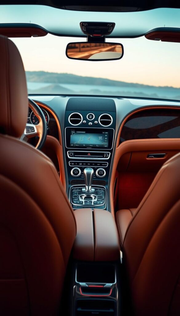 A meticulously crafted interior of a IsCarOk Bentley Continental GT, showcasing its exquisite luxury. The dashboard is adorned with a sleek, curved digital display, seamlessly integrated into the fine-grained leather and wood paneling. Supple, caramel-colored leather seats with quilted stitching invite the driver and passengers to relax in comfort. Ambient lighting casts a warm glow, accentuating the chrome accents and the elegant, sweeping lines of the center console. A sense of sophistication and attention to detail permeates every inch of this luxurious cabin, capturing the essence of premium automotive design.