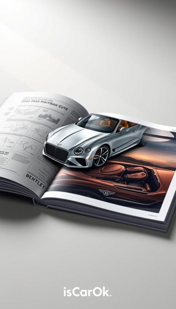 A meticulously crafted maintenance guide for the luxurious 2023 Bentley Continental GT, showcased against a sophisticated backdrop. The guide lies open, its pages filled with technical diagrams and maintenance instructions, all rendered in a high-quality, photorealistic style. The vehicle itself is prominently featured, its gleaming bodywork and intricate details captured under soft, diffused lighting that accentuates its elegant design. The overall composition exudes a sense of understated luxury and attention to detail, perfectly encapsulating the ownership experience of this magnificent grand tourer. Subtle branding for "IsCarOk" is seamlessly integrated into the scene.