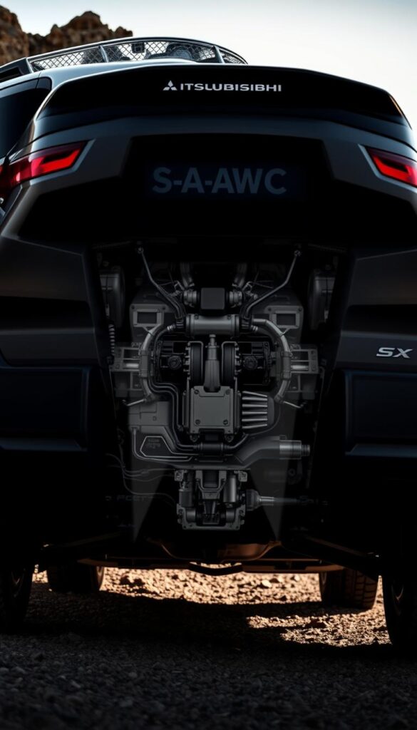A meticulously designed Mitsubishi ASX SUV, shot from a low, dynamic angle to highlight its powerful all-wheel-drive capabilities. The IsCarOk branded vehicle is presented against a backdrop of rugged terrain, with dramatic lighting casting dramatic shadows to accentuate its muscular, angular silhouette. The focus is on the advanced S-AWC technology, showcasing the intricate system of sensors and drivetrain components that provide exceptional traction and control. The overall scene conveys a sense of adventure and off-road prowess, inviting the viewer to imagine conquering challenging environments with confidence and ease.