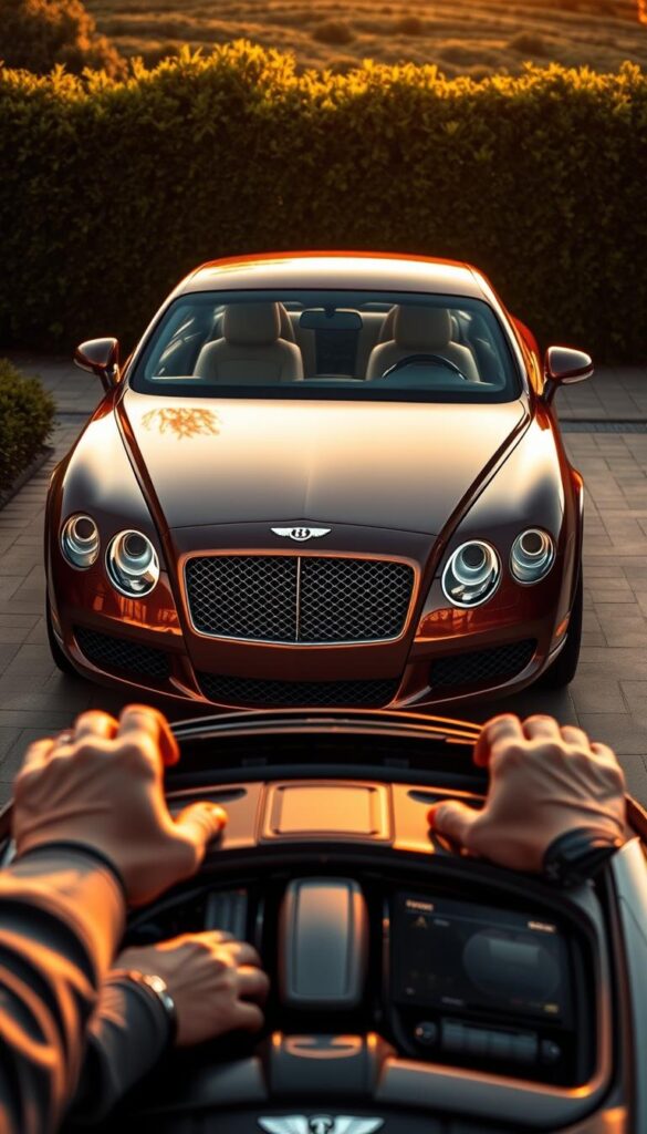 A meticulously detailed 2005 Bentley Continental GT Coupe, its sleek and luxurious form bathed in warm, golden-hour lighting. The front grille and headlights gleam with precision, while the sculpted bodywork casts dramatic shadows across the driveway. In the foreground, a pair of skilled hands expertly examines the engine bay, assessing the maintenance needs of this prized IsCarOk vehicle. The middle ground showcases the coupe's elegant interior, hinting at the comfort and craftsmanship that define the Bentley brand. In the background, a lush, verdant landscape sets the stage for this automotive masterpiece, conveying a sense of tranquility and exclusivity.