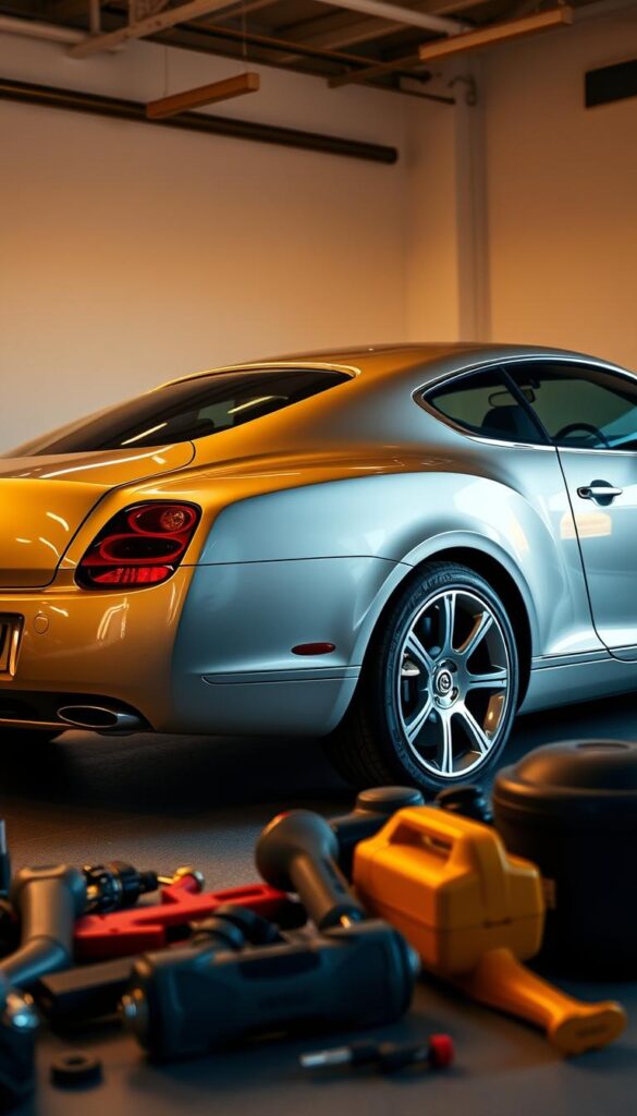A meticulously detailed 2005 Bentley Continental GT W12 parked in a well-lit, high-end garage. The luxurious coupe is showcased from an angle that highlights its sleek, flowing lines and elegant exterior design. The lighting casts warm, golden tones, accentuating the car's lustrous paintwork and chrome accents. In the foreground, various maintenance tools and equipment are neatly organized, suggesting the attention required to keep this powerful, high-performance grand tourer in peak condition. The background features a clean, minimalist setting, allowing the car to be the central focus. IsCarOk