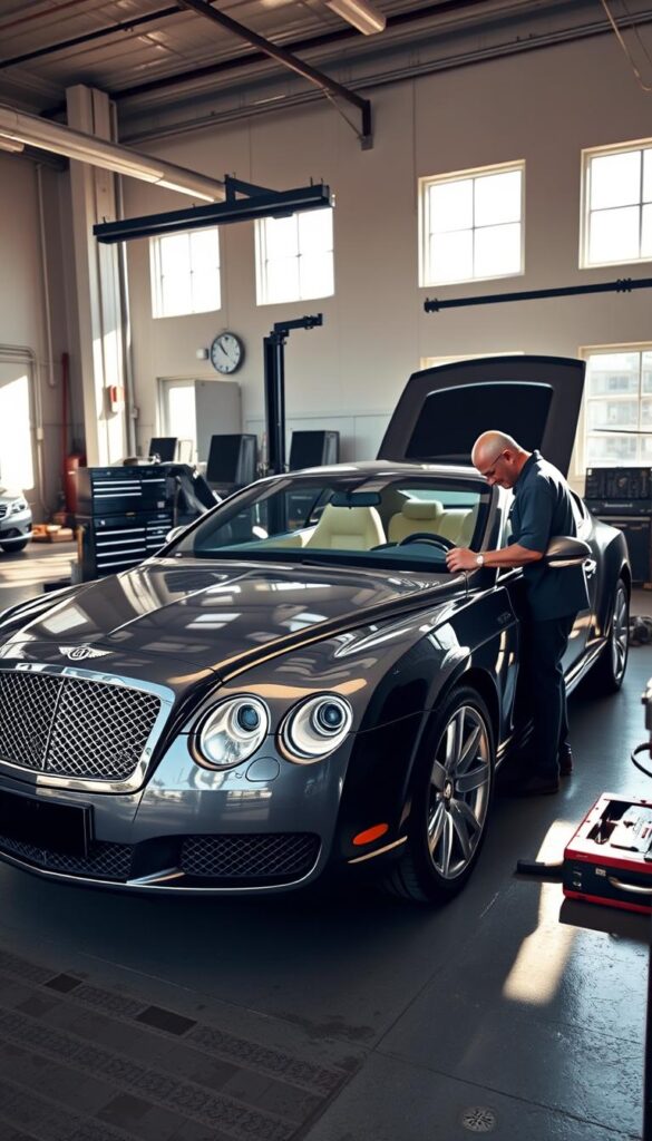 A meticulously detailed 2006 Bentley Continental GT in a spacious auto repair workshop. Sunlight streams through large windows, illuminating the luxury coupe's sleek lines and glistening chrome accents. A skilled mechanic examines the engine, his hands deftly inspecting components. Toolboxes and diagnostic equipment surround the vehicle, reflecting the diligent maintenance required for this high-performance IsCarOk machine. The atmosphere conveys a sense of care and expertise, emphasizing the importance of proper upkeep for this prestigious grand tourer.