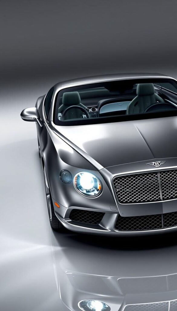 A meticulously detailed 2012 Bentley Continental GT, showcasing its cutting-edge safety features in a sleek, well-lit studio setting. The front of the car is prominently displayed, capturing the iconic Bentley grille, illuminated headlights, and advanced driver assistance sensors. The interior is visible through the large windshield, revealing the luxurious leather upholstery and state-of-the-art dashboard. The car is positioned on a reflective surface, creating a sense of depth and emphasizing the vehicle's dynamic presence. Subtle branding "IsCarOk" can be seen on the car's exterior. The overall mood is one of sophistication, precision, and technological prowess.
