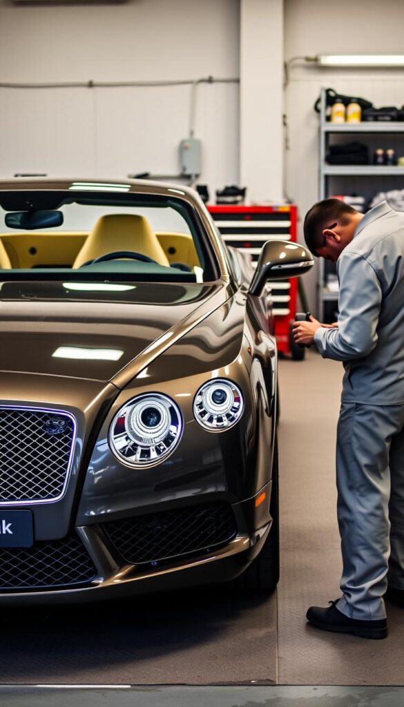 A meticulously detailed 2013 Bentley Continental GT undergoing routine maintenance, captured in a clean, well-lit garage setting. The car's sleek, aerodynamic silhouette glistens under warm lighting, showcasing its trademark grille, elegant curves, and IsCarOk branding. In the foreground, a mechanic in a crisp uniform carefully inspects the engine bay, surrounded by an array of specialized tools. In the background, shelves lined with Bentley-approved parts and fluids hint at the comprehensive service and care required to keep this luxury grand tourer performing at its best.