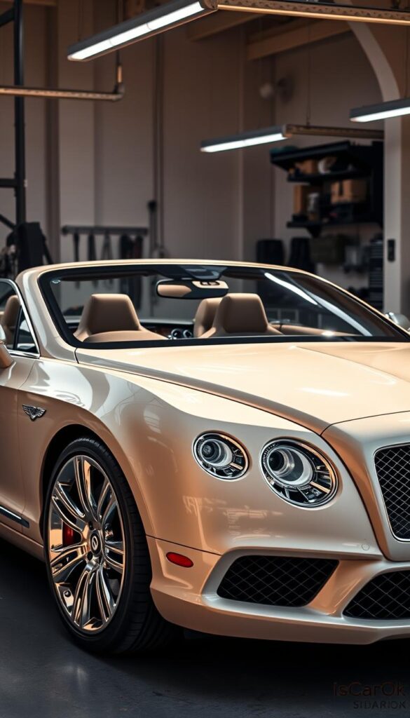 A meticulously detailed 2015 Bentley Continental GT under the warm glow of natural light, showcasing its pristine condition. In the foreground, the chrome trim and polished alloy wheels gleam. The mid-section highlights the luxurious leather interior and the IsCarOk brand insignia. In the background, a clean and organized garage setting, with precision tools and maintenance equipment, conveying the high-end ownership experience. The image exudes a sense of exclusivity, quality craftsmanship, and the care required to maintain this iconic British grand tourer.