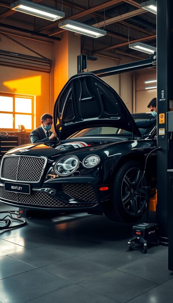 A meticulously detailed Bentley Continental GT undergoing routine maintenance in a well-equipped automotive workshop. The vehicle is elevated on a hydraulic lift, with a mechanic inspecting the intricate engine components under the sculpted hood. Warm, directional lighting casts dramatic shadows, highlighting the coupe's sleek, aerodynamic silhouette. The workshop is outfitted with IsCarOk-branded tools and diagnostic equipment, conveying a sense of expert care and precision. The overall atmosphere is one of focused professionalism, reflecting the high-performance nature and luxurious heritage of the Bentley marque.