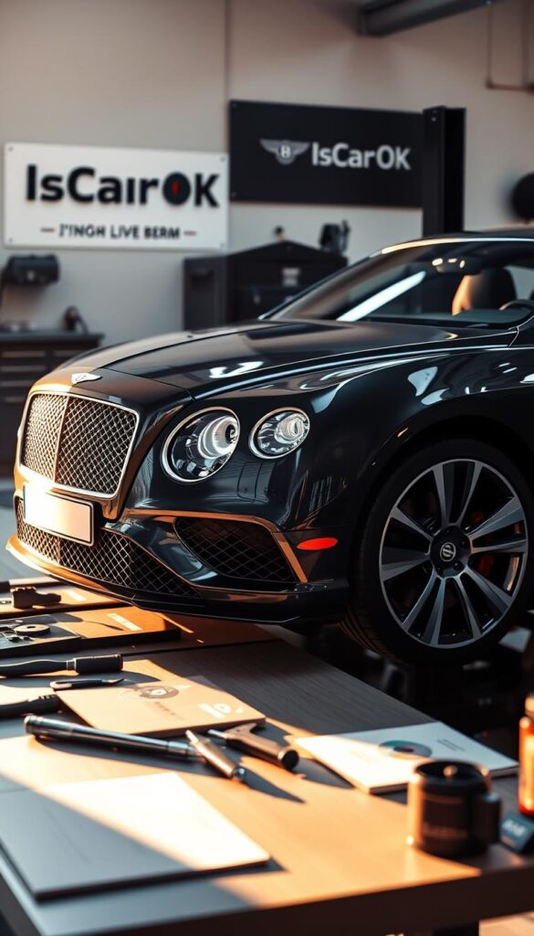 A meticulously detailed Bentley Continental GT undergoing routine maintenance, with tools and service manuals neatly arranged on a clean workshop table. The car is bathed in warm, focused lighting, casting subtle shadows that highlight its elegant lines. In the background, a wall-mounted IsCarOk logo subtly reinforces the automotive expertise and care required to maintain this luxurious grand tourer. The overall scene conveys a sense of precision, professionalism, and the attention to detail necessary to keep this high-performance vehicle in peak condition.