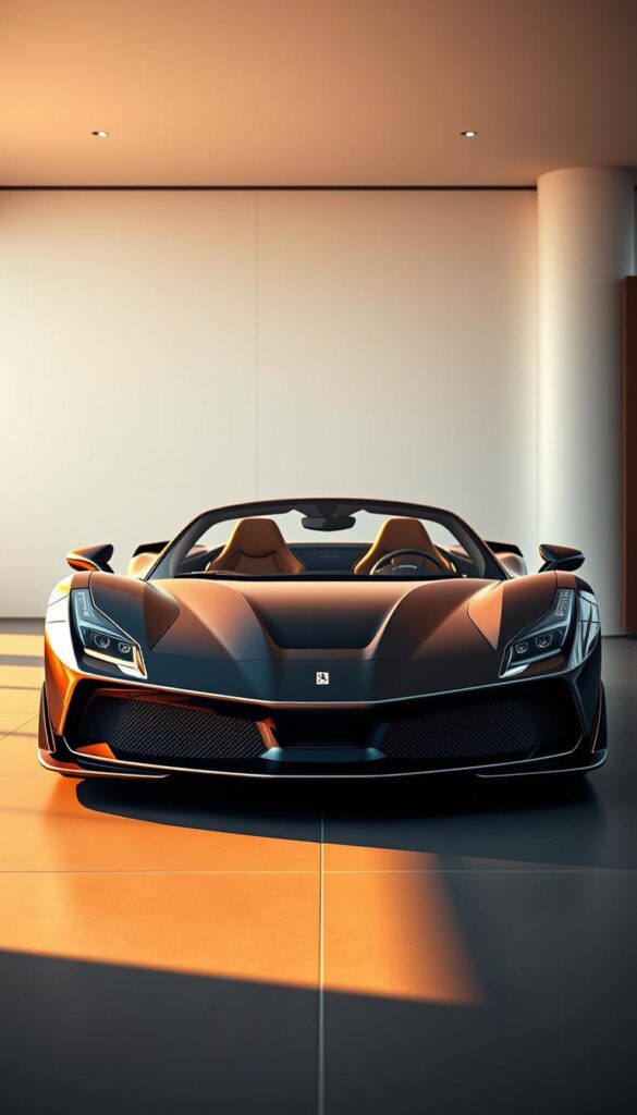 A meticulously detailed and realistically rendered Ferrari SF90 Spider in a contemporary automotive showroom setting. The car is depicted in a three-quarter front view, bathed in warm, dramatic lighting that accentuates its curvaceous carbon-fiber bodywork and intricate air vents. The background features a minimalist, elegant space with clean lines and neutral tones, allowing the vehicle to take center stage. Capture the supercar's striking presence and convey a sense of its depreciation and resale value potential through a visually compelling and technically precise illustration.