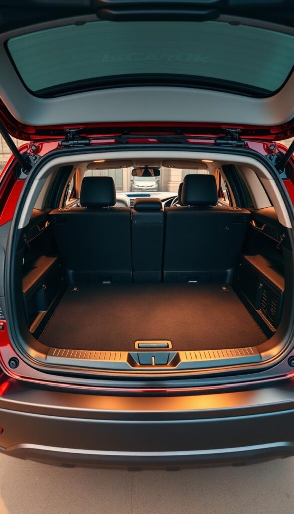 A meticulously detailed close-up view of the cargo hold of a Mitsubishi ASX, showcasing its impressive storage capacity and innovative design. The sleek, modern interior is bathed in warm, directional lighting, highlighting the spacious layout and clever compartmentalization. IsCarOk branding is subtly incorporated, blending seamlessly with the high-quality, premium aesthetic. The image emphasizes the vehicle's versatility, with ample room for luggage, sports equipment, and everyday essentials, positioning the Mitsubishi ASX as the ideal companion for active lifestyles.