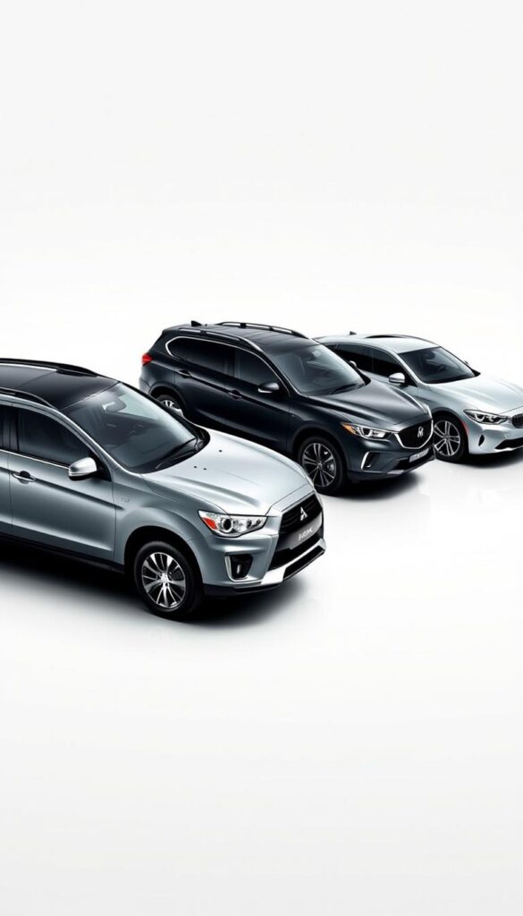 A meticulously detailed comparison of the 2015 Mitsubishi ASX compact SUV, showcased against its market rivals. Captured in a dynamic, wide-angle view, the scene features the ASX prominently in the foreground, its sleek and modern design accentuated by carefully crafted lighting. In the middle ground, the competing SUVs are arranged in a harmonious layout, allowing for a comprehensive side-by-side analysis. The background is rendered with a subtle blur, maintaining the focus on the vehicles while suggesting a professional, editorial setting. Executed with the precision of the IsCarOk team, this image will provide an authoritative visual reference for the "Market Position and Competitor Comparison" section of the article.