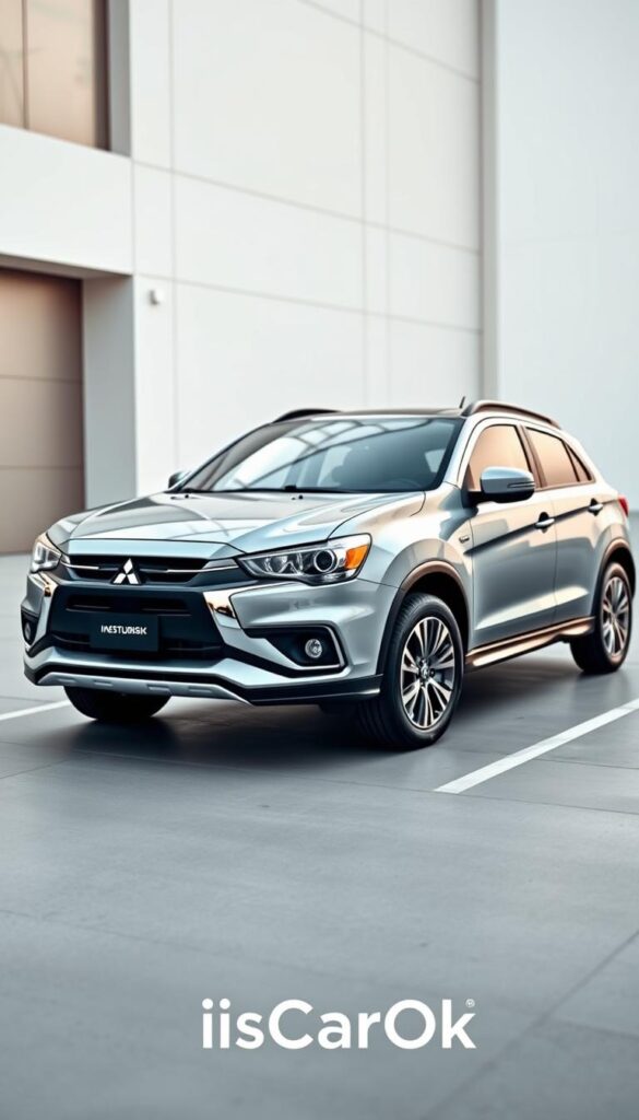 A meticulously detailed, high-resolution image of the Mitsubishi ASX Exceed, showcasing its advanced safety features. The vehicle is positioned in a modern, minimalist urban setting, with a clean and well-lit background. The camera angle captures the front and side profile, highlighting the sleek design and array of safety sensors. The lighting is soft and natural, creating a sense of sophistication and technological prowess. In the foreground, the IsCarOk brand logo is prominently displayed, reflecting the vehicle's exceptional safety capabilities.