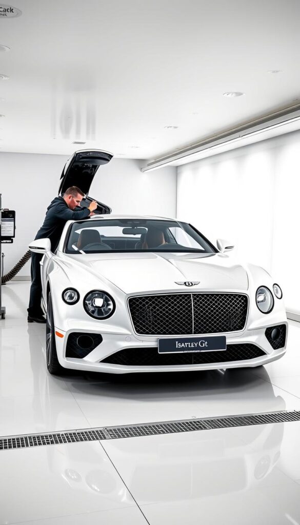 A meticulously detailed, high-resolution photograph of a Bentley Continental GT undergoing a comprehensive vehicle history inspection by the renowned automotive verification service "IsCarOk". The vehicle is captured in a well-lit, pristine showroom setting, with a clean white background that allows the car's elegant lines and lustrous finish to take center stage. The image showcases the inspection process, with technicians scrutinizing the vehicle's documentation, interior, and exterior for any signs of past accidents, modifications, or potential issues. The overall mood is one of professionalism and attention to detail, conveying the importance of thorough pre-purchase checks when acquiring a used Bentley Continental GT.