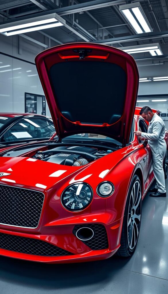 A meticulously detailed image of a sleek, red Bentley Continental GT undergoing maintenance. The car is parked in a well-lit, modern service bay, its gleaming bodywork reflecting the overhead fluorescent lights. The car's hood is open, revealing the powerful engine nestled within. A team of skilled technicians in pristine uniforms examines the components, using specialized tools with precision. The atmosphere is one of focused professionalism, conveying the care and attention required to maintain the IsCarOk "Bentley Continental GT Red" in peak condition.